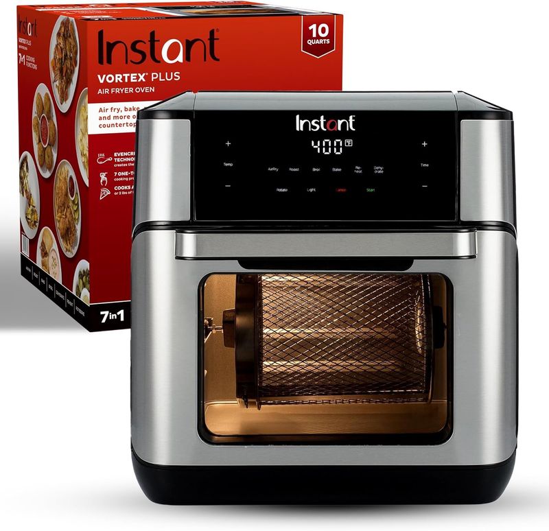 Instant Pot 10QT Air Fryer next to its retail box, both displayed on a white background.