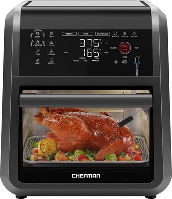 Front view of the CHEFMAN ExacTemp™ 12 Quart 5-in-1 Air Fryer showcasing its digital touchscreen and large cooking basket