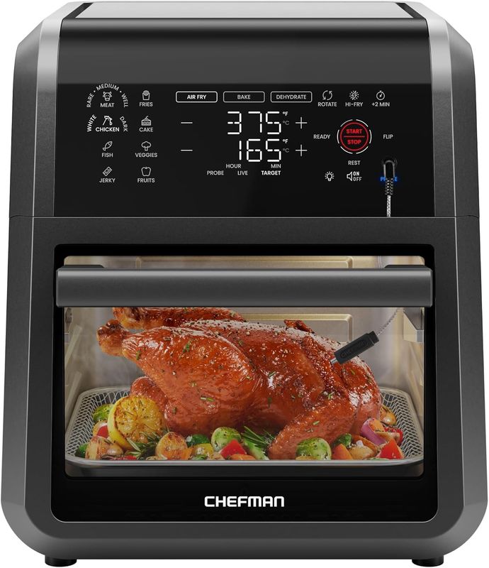 Front view of the CHEFMAN ExacTemp™ 12 Quart 5-in-1 Air Fryer showcasing its digital touchscreen and large cooking basket
