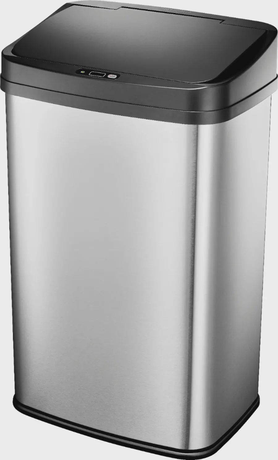 Front view of the Insignia 13 Gal. Automatic Trash Can showing control panel and lid design.