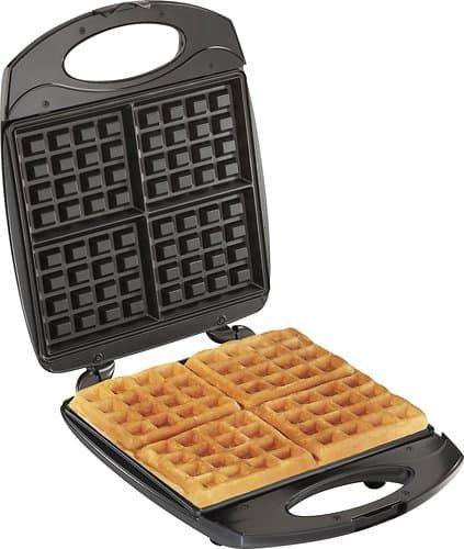 Hamilton Beach 4-Square Belgian Waffle Maker in black and stainless steel, featuring nonstick grids and indicator lights.