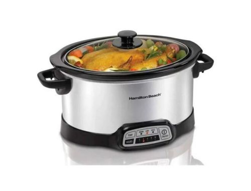 Hamilton Beach 6-Quart Programmable Slow Cooker with digital controls, featuring a removable stoneware crock and glass lid.