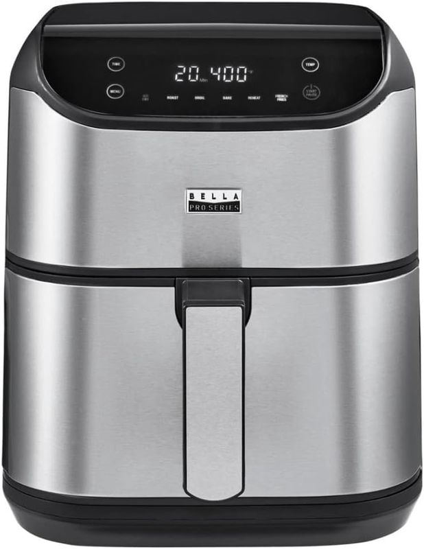 Bella Pro Series 6-qt Digital Air Fryer in black with stainless steel accents and digital touch screen