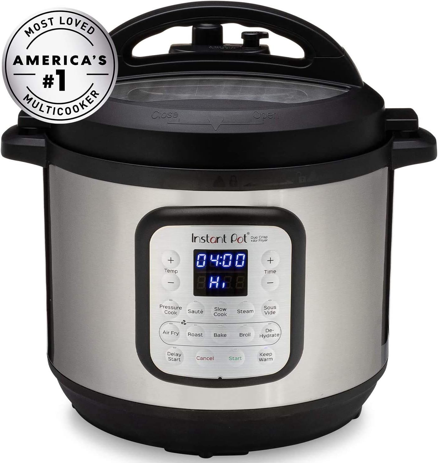 Instant Pot Duo Crisp 11-in-1 Air Fryer with stainless steel body and digital control panel.