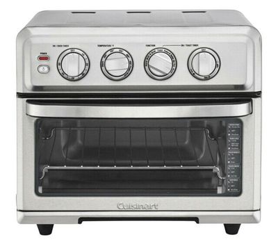 Cuisinart TOA Air Fryer Toaster Oven with Grill, stainless steel finish, showing front control panel and glass door