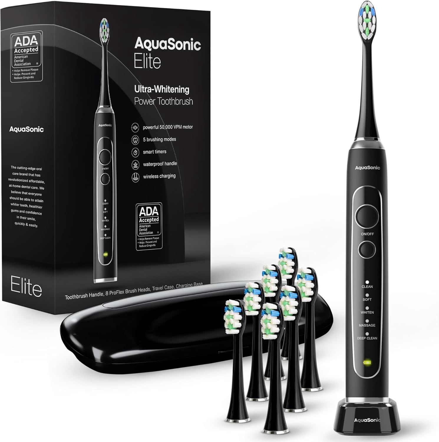 AquaSonic Elite Electric Toothbrush with 8 ProFlex brush heads, wireless charging base, and travel case