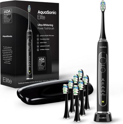 AquaSonic Elite Electric Toothbrush with 8 ProFlex brush heads, wireless charging base, and travel case