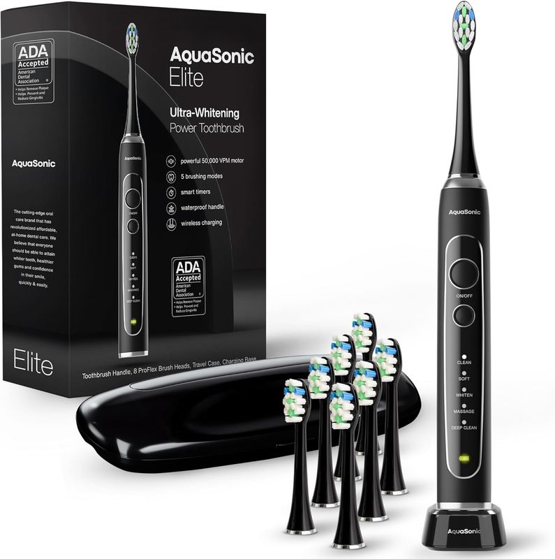 AquaSonic Elite Electric Toothbrush with 8 ProFlex brush heads, wireless charging base, and travel case