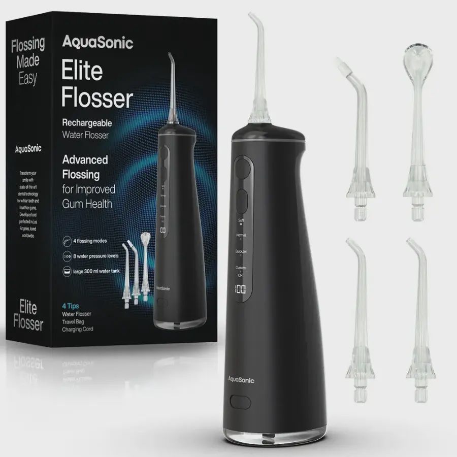 AquaSonic Elite Cordless Water Flosser in original packaging, showcasing the device and included accessories