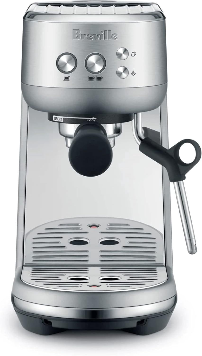 Front view of the Breville Bambino Espresso Machine BES450BSS with stainless steel finish and compact design.