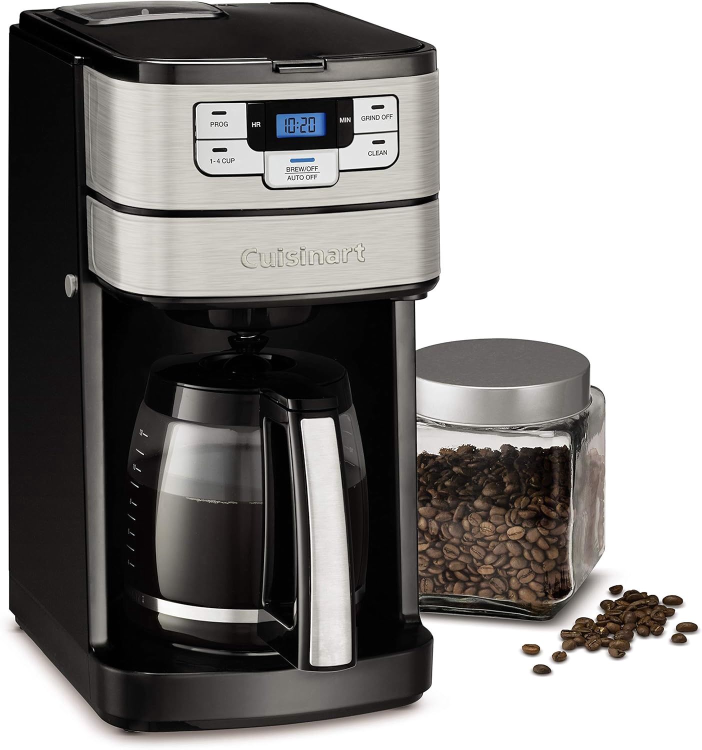 Cuisinart Automatic Grind and Brew 12-Cup Coffeemaker with 1-4 cup setting next to an open jar of ground coffee