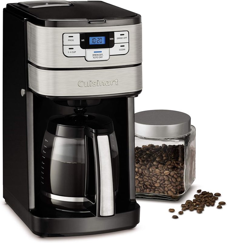 Cuisinart Automatic Grind and Brew 12-Cup Coffeemaker with 1-4 cup setting next to an open jar of ground coffee