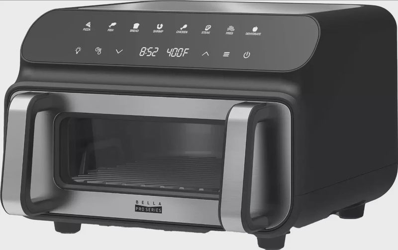 Bella Pro Series 10.5-qt 5-in-1 Indoor Grill and Air Fryer in black with digital control panel