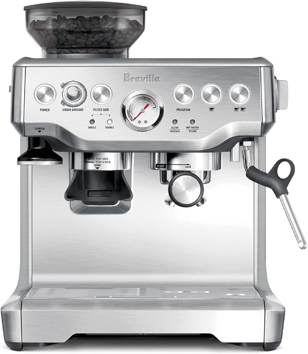 Front view of the Breville Barista Express Espresso Machine BES870XL with stainless steel finish.