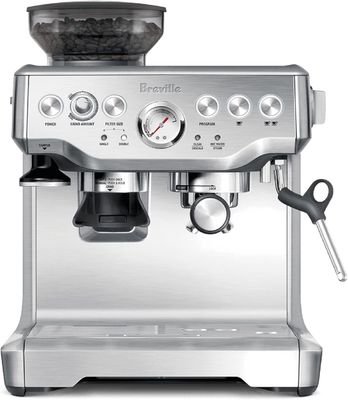 Front view of the Breville Barista Express Espresso Machine BES870XL with stainless steel finish.