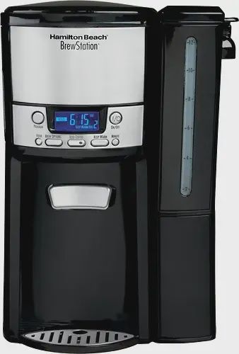 Hamilton Beach BrewStation 12-Cup Coffee Maker with dispensing bar, programmable settings, and removable reservoir.