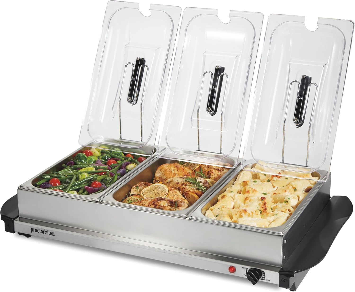 Proctor Silex Buffet Server with three 2.5-quart oven-safe chafing pans and domed lids.