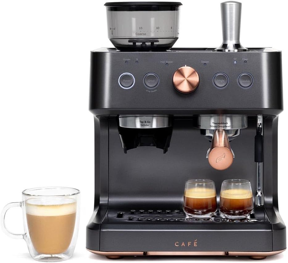 Café Bellissimo Semi Automatic Espresso Machine with attached milk frother, showcasing the stainless steel finish