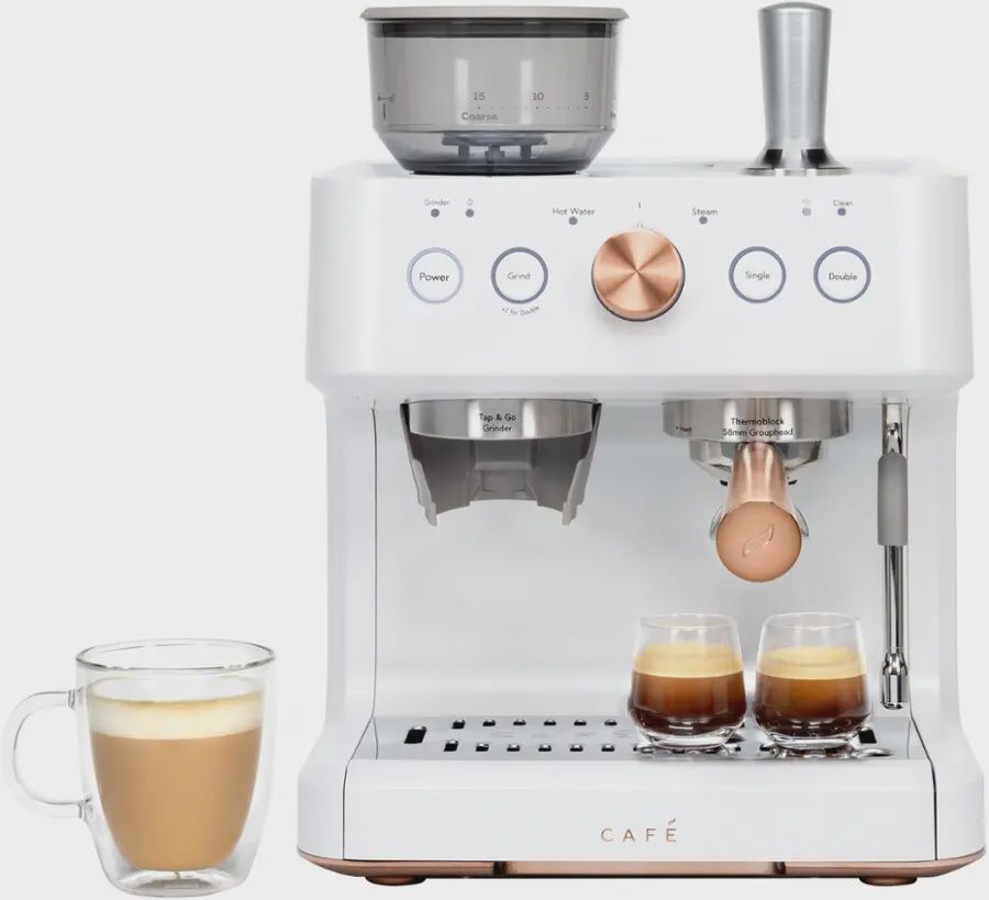 Front view of the Café Bellissimo Semi-Automatic Espresso Machine showcasing its stainless steel body and portafilter
