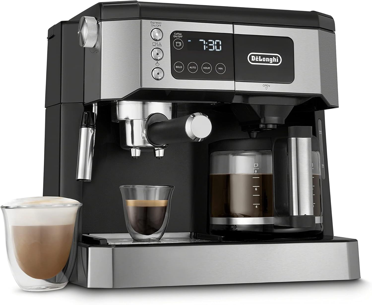 De&#39;Longhi digital all-in-one coffee and espresso machine in stainless steel with digital display
