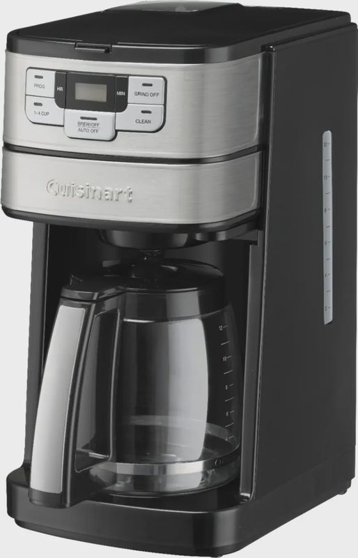 Cuisinart Automatic Grind and Brew 12 Cup Coffeemaker with built-in grinder, stainless steel finish, and glass carafe