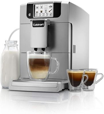 Cuisinart EM-1000 Espresso Machine with stainless steel body, steam wand, and dual spout portafilter