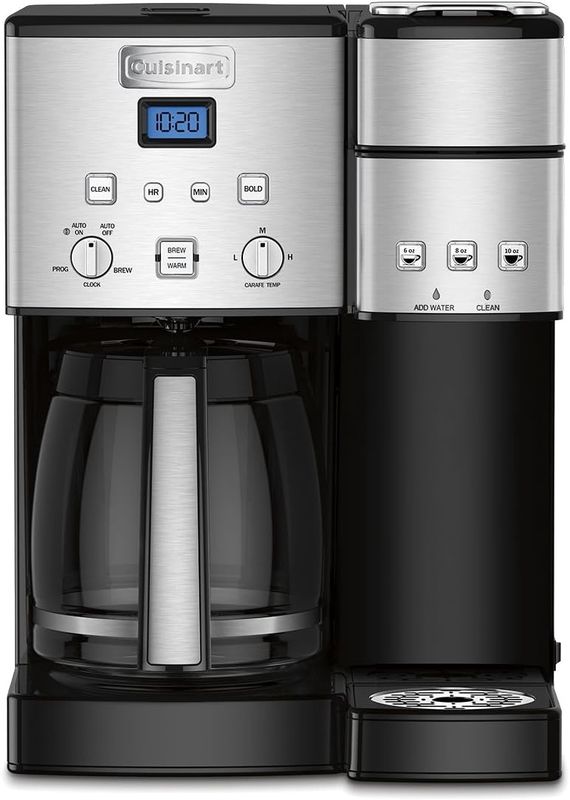Cuisinart Single Serve + 12 Cup Coffee Maker with dual brewing options and stainless steel finish