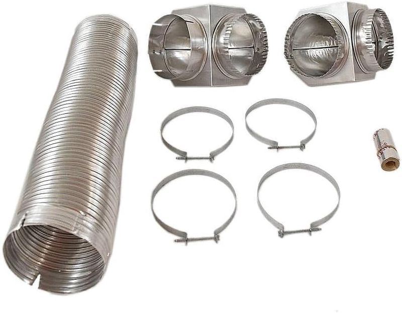 Smart Choice semi-rigid dryer vent kit laid out, showing the flexible metal hose and clamp.
