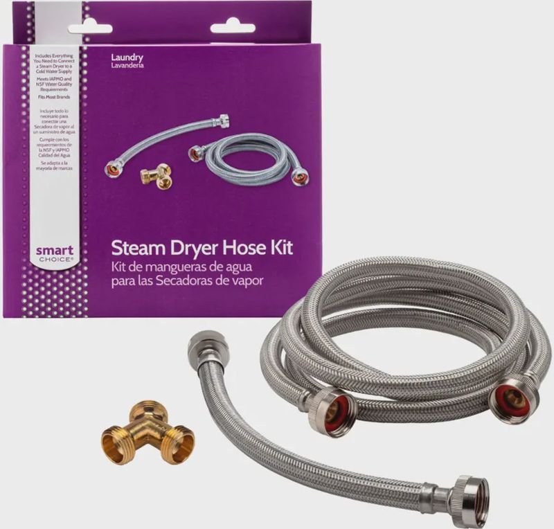 Smart Choice Steam Dryer Installation Kit displayed beside its retail packaging box.