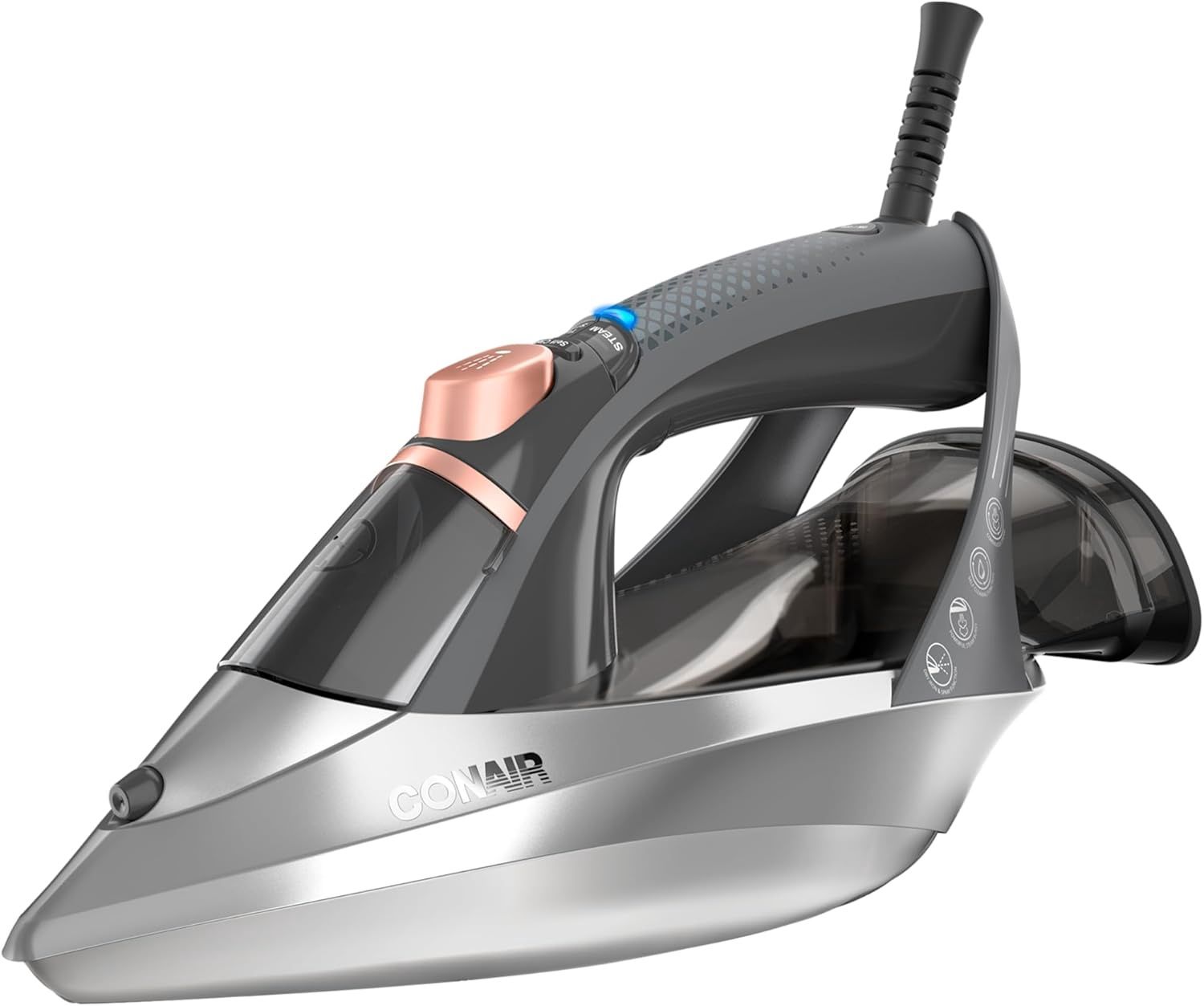 Conair Fabric Steam Iron with ergonomic handle, pointed soleplate, and steam vents for efficient wrinkle removal