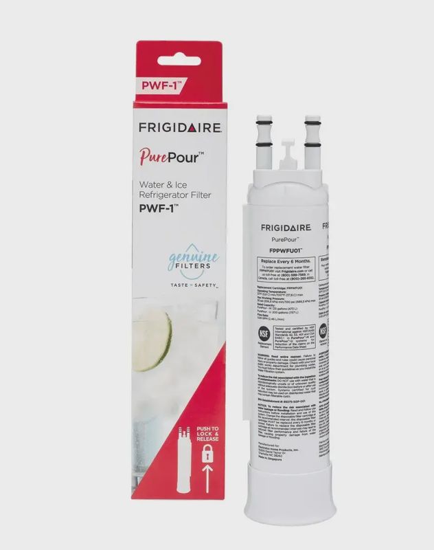 Frigidaire PurePour PWF-1 water filter placed next to its packaging box showing product and branding