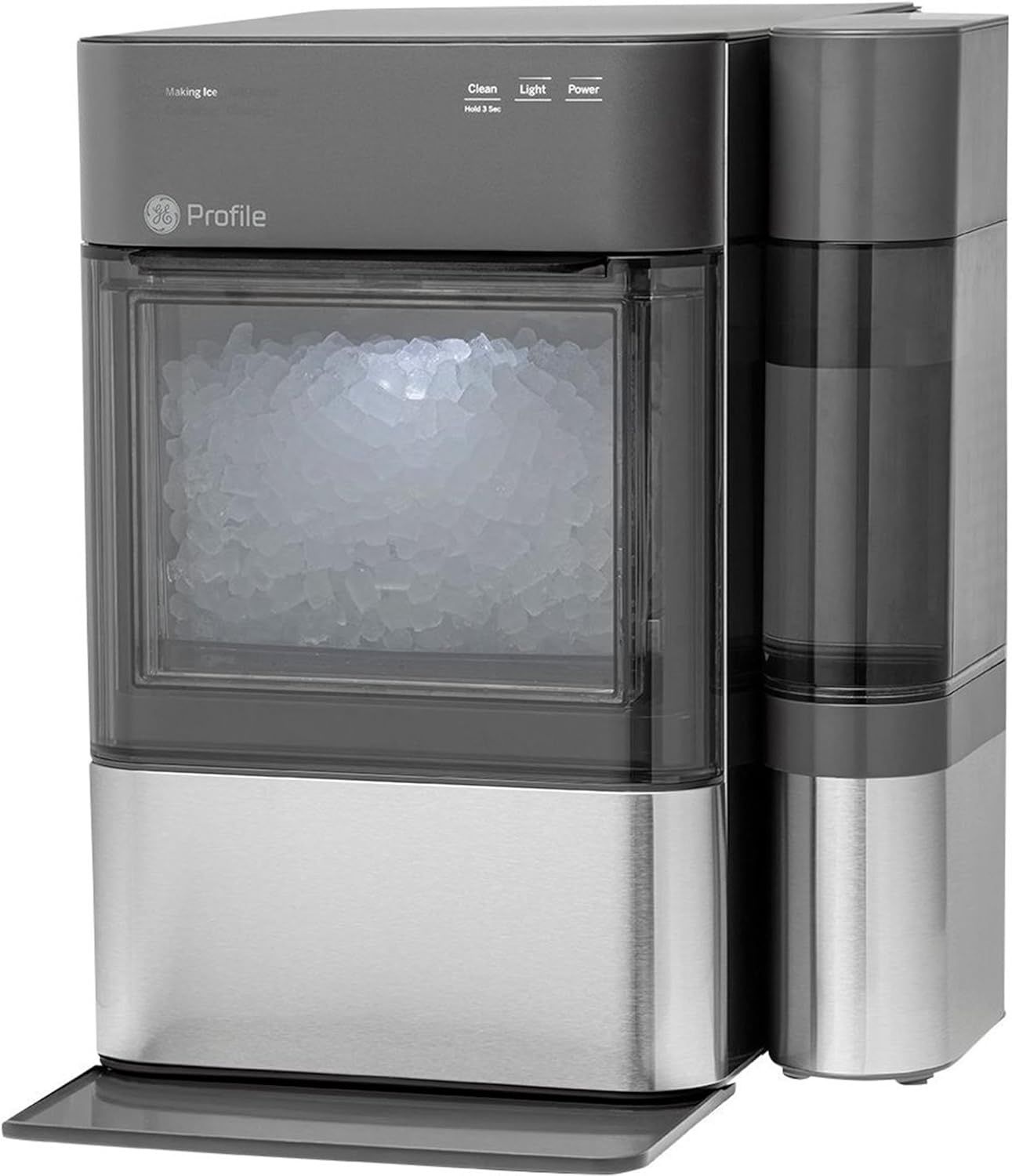GE Profile Opal 2.0 portable ice maker in black stainless steel, producing nugget-style ice.
