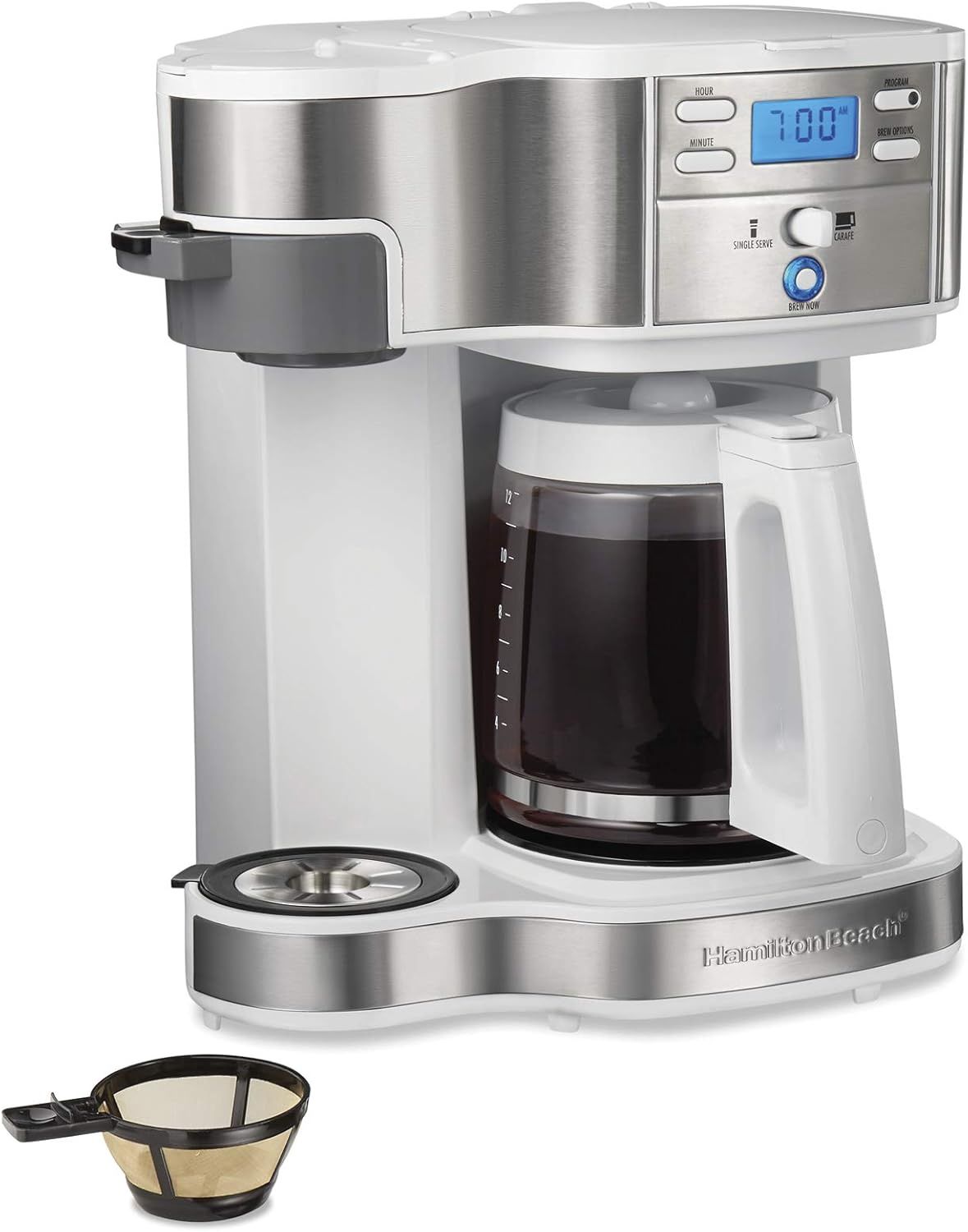 Hamilton Beach 2-Way Coffee Maker in black and stainless with 12-cup carafe and single-serve side.