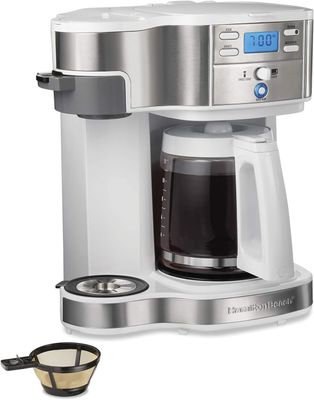 Hamilton Beach 2-Way Coffee Maker in black and stainless with 12-cup carafe and single-serve side.