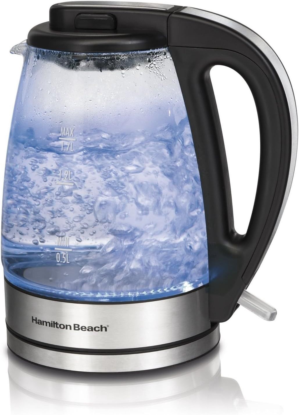 Hamilton Beach 1.7L glass electric kettle with stainless steel accents-featuring soft blue illumination and a cordless design