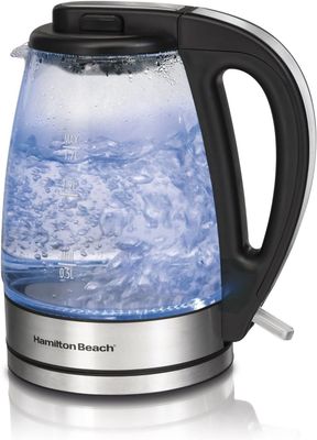 Hamilton Beach 1.7L glass electric kettle with stainless steel accents-featuring soft blue illumination and a cordless design