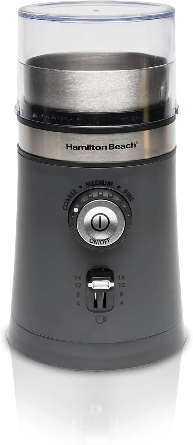 Hamilton Beach 80396C Electric Coffee Grinder with removable stainless steel chamber and 5 grind settings.