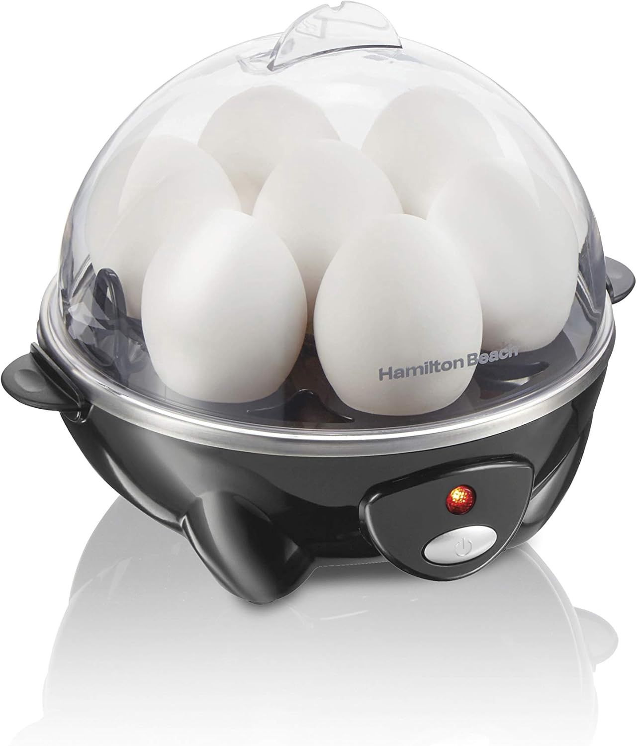 Hamilton Beach 3-in-1 Egg Cooker in black, featuring a transparent lid, egg trays for hard-boiled and poached eggs