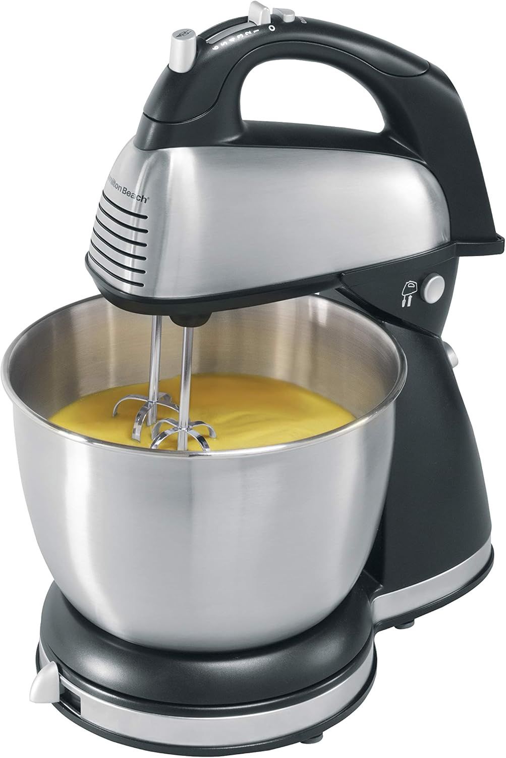 Hamilton Beach Classic Hand and Stand Mixer with 4-quart bowl, 6 speeds, and QuickBurst™ button.