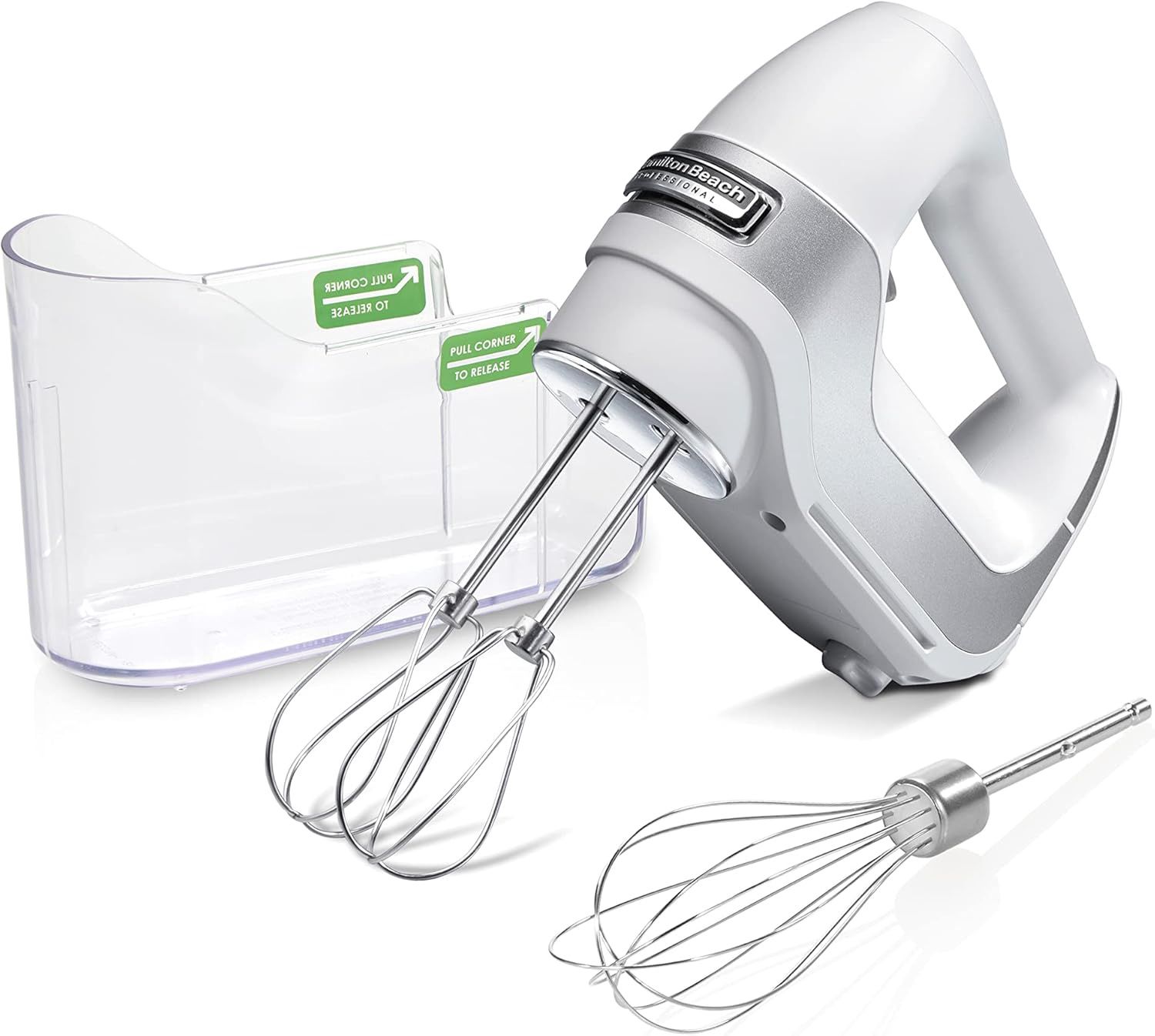 Hamilton Beach Professional 5-Speed Electric Hand Mixer with stainless steel beaters and whisk.