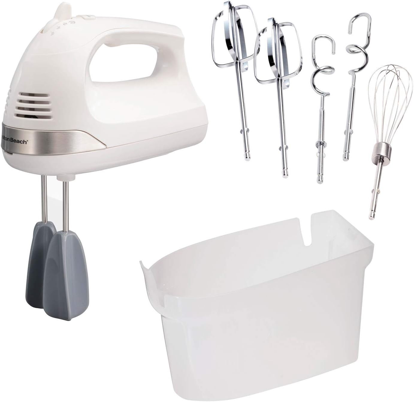 Hamilton Beach 6-Speed Electric Hand Mixer with whisk and traditional beaters, featuring a snap-on storage case.