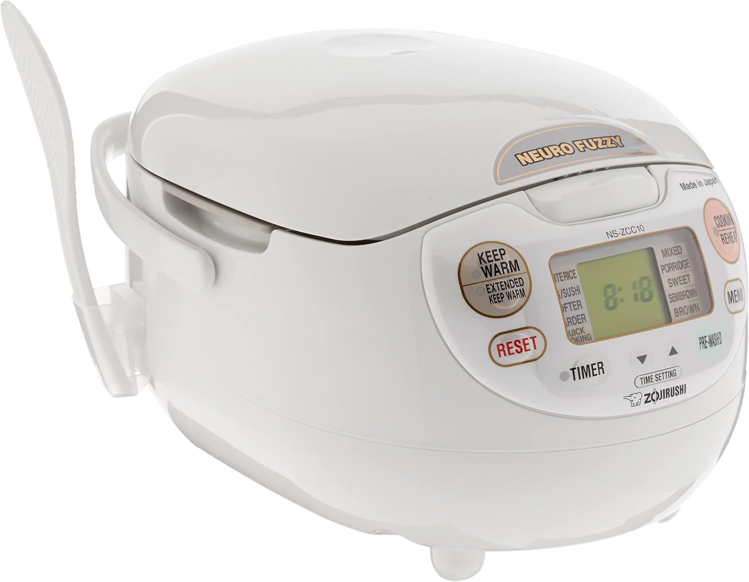 Front view of the rice cooker highlighting the digital display and function buttons.