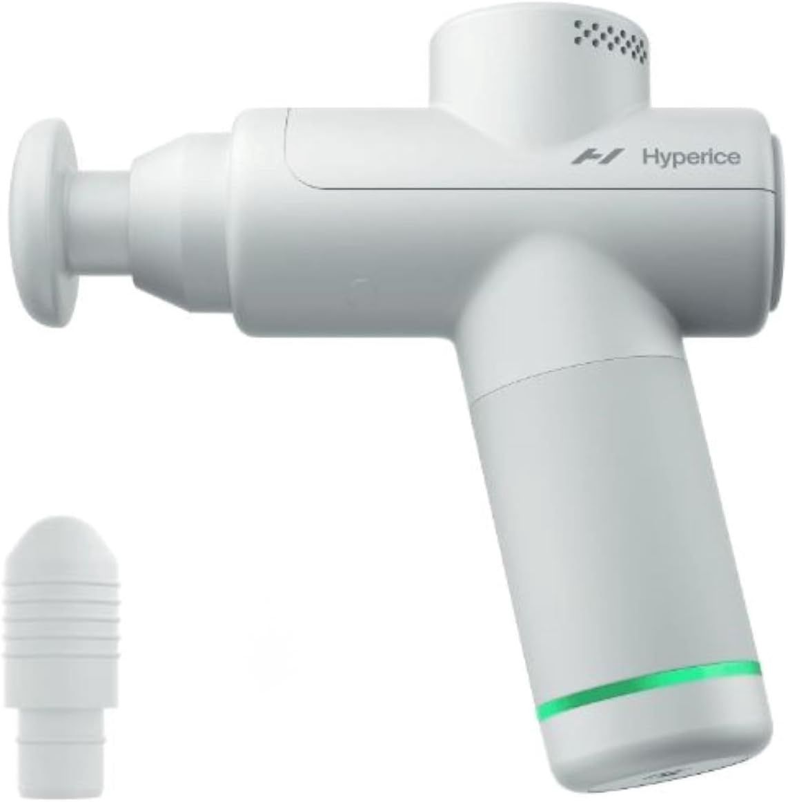 Side view of Hypervolt Go 2 with massage head attached, Arctic Gray finish.