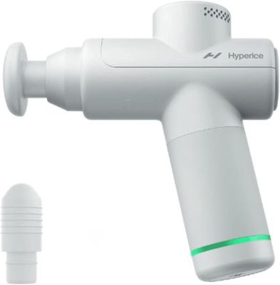 Side view of Hypervolt Go 2 with massage head attached, Arctic Gray finish.