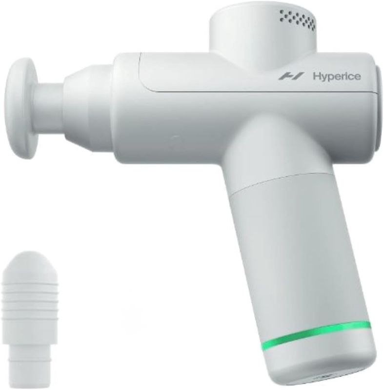 Side view of Hypervolt Go 2 with massage head attached, Arctic Gray finish.