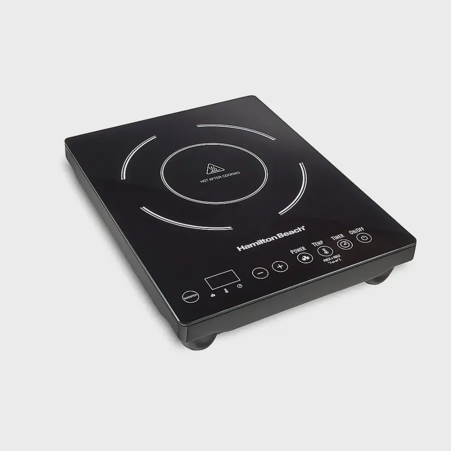 Hamilton Beach 34104 10-inch black induction cooktop with smooth top and digital controls.