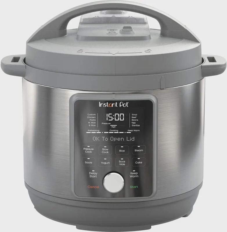 Instant Pot 6QT Duo Plus Multi-Use Pressure Cooker in gray with digital display and Whisper-Quiet Steam Release valve.