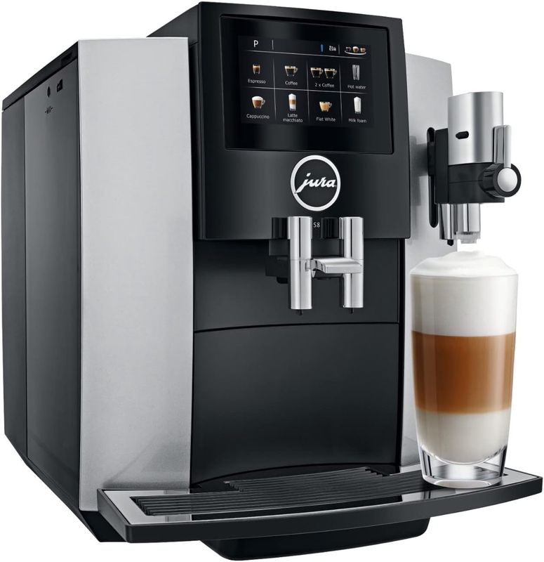 Jura S8 Single Serve Automatic Espresso and Coffee Machine in sleek stainless steel design with a color touchscreen.