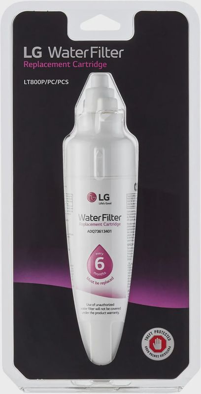 Packaging box for LG refrigerator water filter, displaying product name and compatibility information.