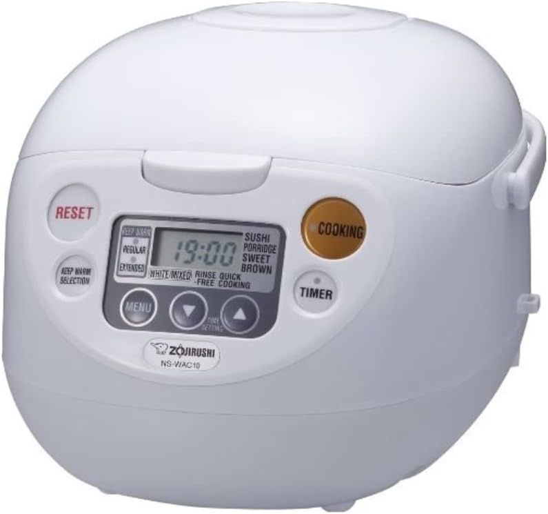 Front view of the Micom Rice Cooker and Warmer showing its compact design and digital control panel.